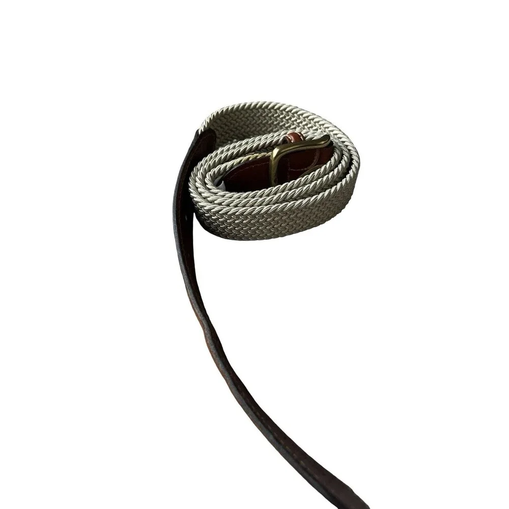 Lands’ End Woven Stretch Belt Size 38 Khaki Brown Leather Made in England